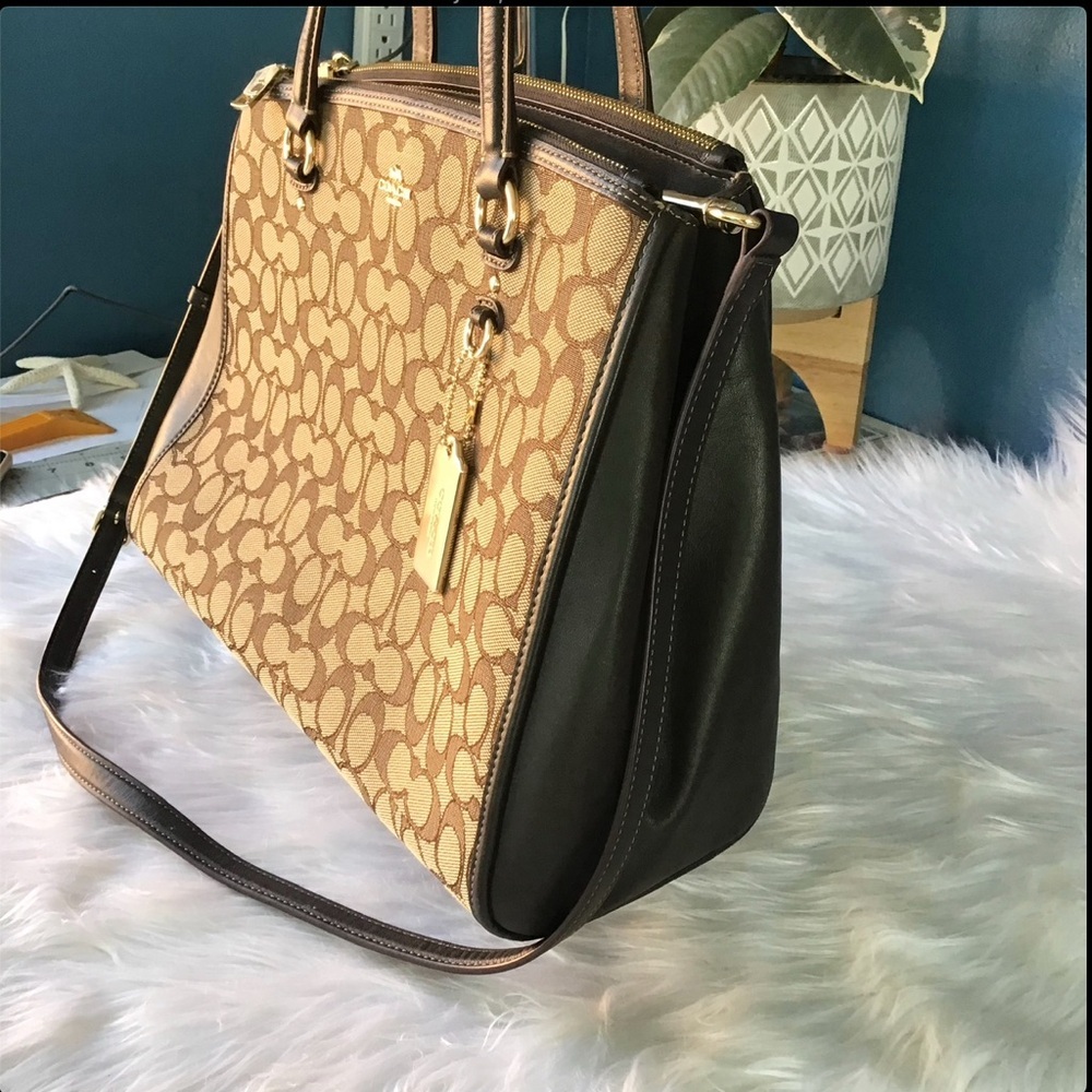 Coach 2-Way Signature Canvas Leather Handbag Shoulder Bag Beige Brown Excellent - Picture 2 of 12